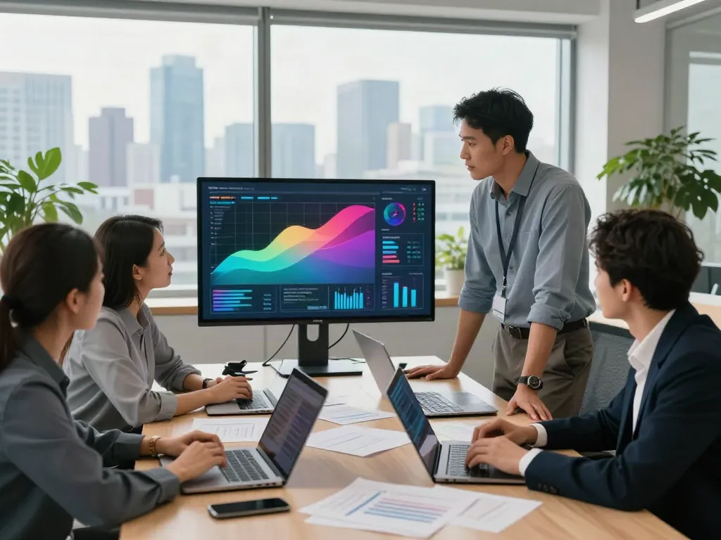 This article showcases a professional team collaboration in a modern office.
